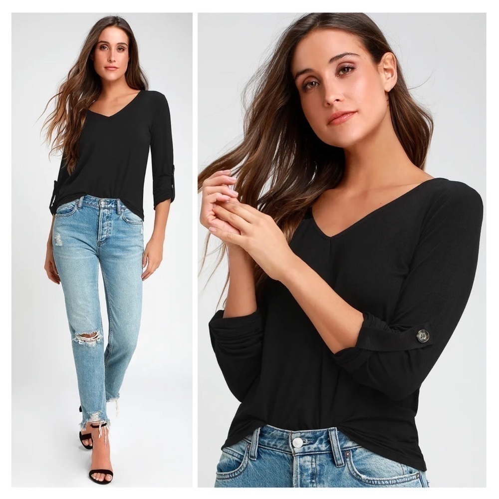LULU’S Smitten Black Three Quarter Sleeve V Neck Top